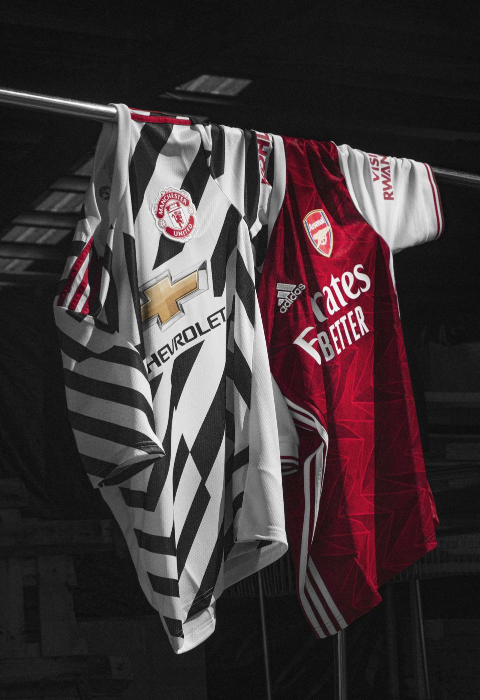 Football shirts hanging ready for club badge embroidery